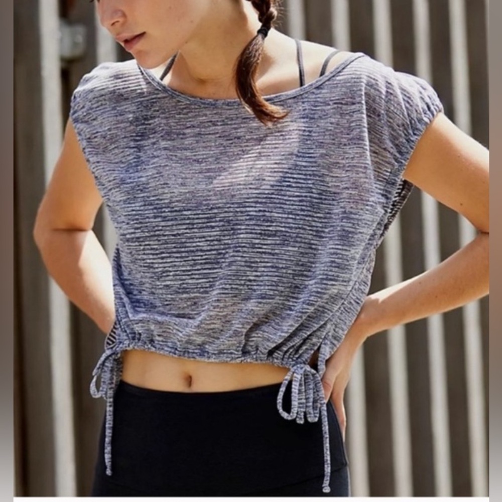 FP Movement by Free People Heathered Blue Crop Top with Drawstring Hem